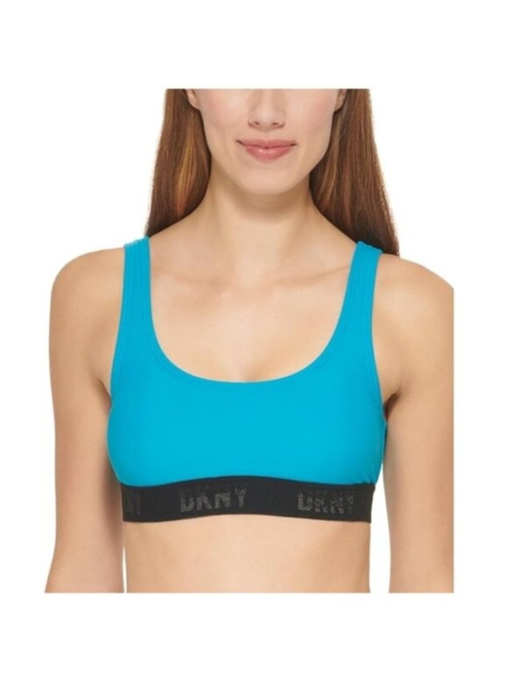 DKNY Scoop Neck Logo Bikini Swim Top in Blue - S